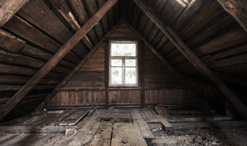 Abstract grunge interior, perspective view of an abandoned attic room with glowing window