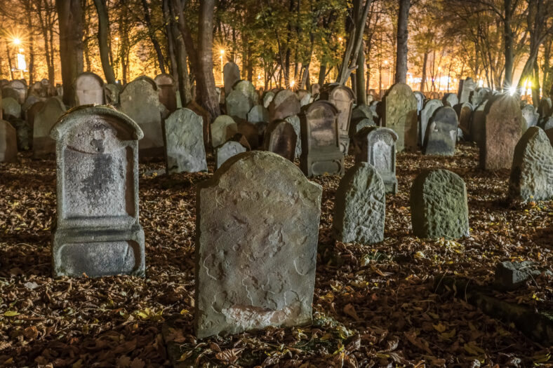 Lápidas en un antiguo cementerio por la noche en otoño. Las lápidas cubiertas crean una escena espeluznante. Las lápidas inclinadas se suman al ambiente misterioso. Las lápidas espeluznantes de las tumbas envejecidas se encuentran en medio de árboles en el cementerio.
