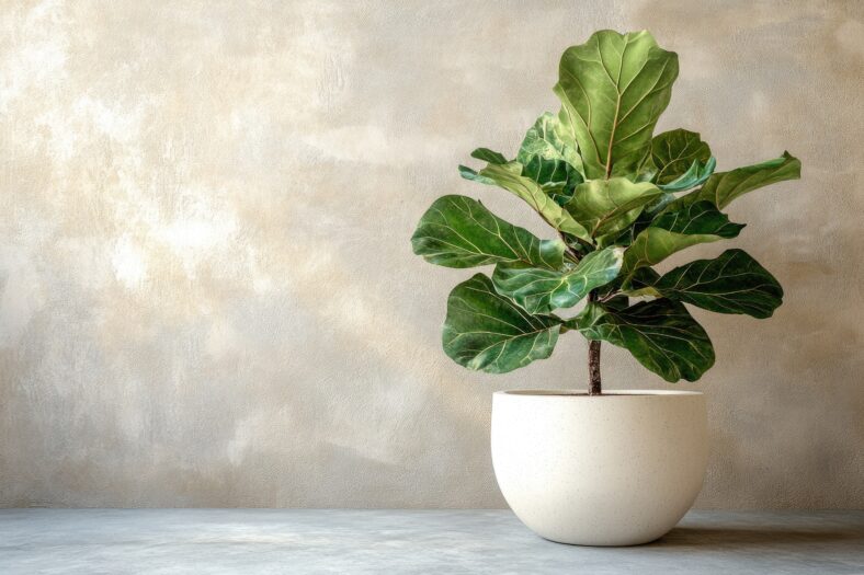 A dramatic, close-up shot of a large fiddle-leaf fig in a minimalist white ceramic pot