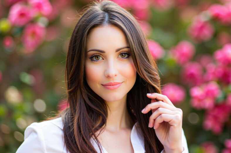 Portrait of attractive young woman with long brown hair, wearing a white shirt, gently touching her hair and smiling in front of rose bushes in full bloom