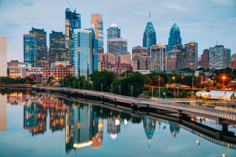 Philadelphia skyline at night with the Schuylkill river