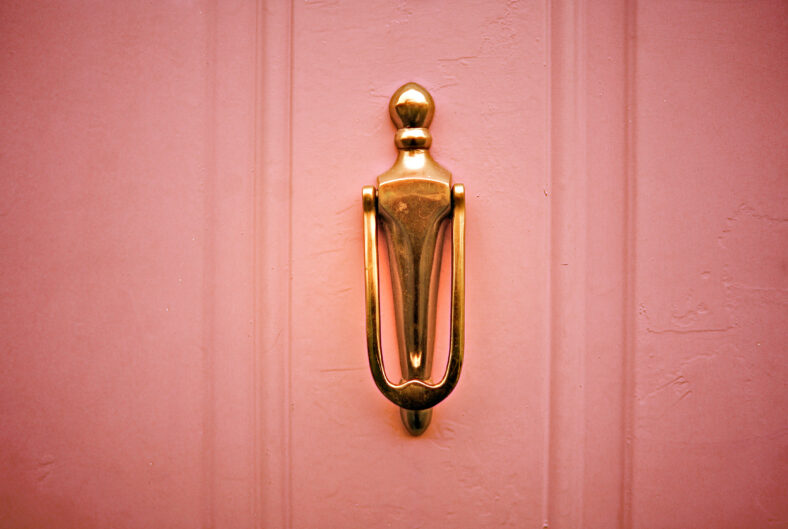 A metal knocker on a wooden door in warm hues
