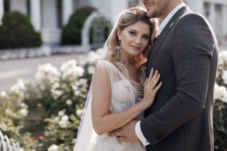 portrait of a happy bride and groom, wedding love emotions. High quality photo