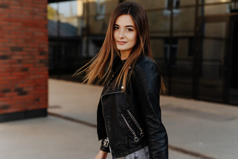 Close up portrait of cheerful pretty young woman in glamour stylish casual outfit posing walking summer day.