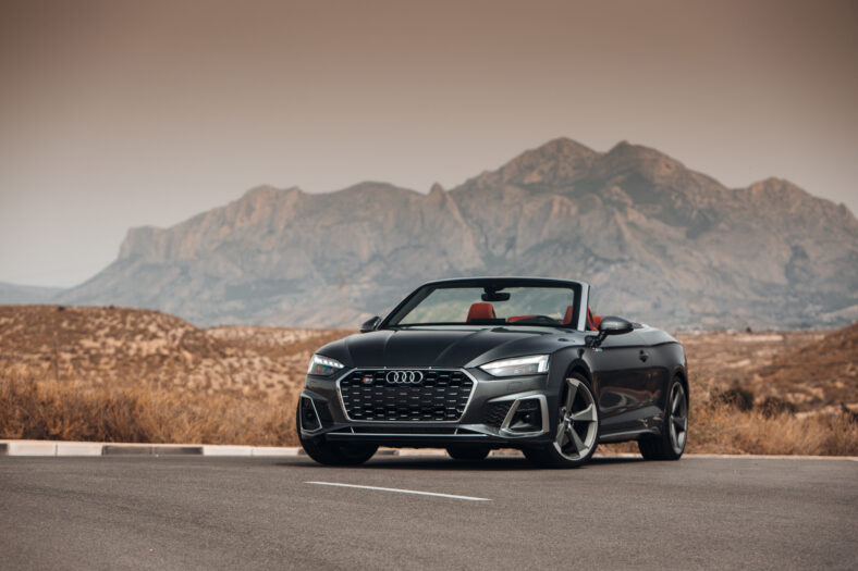 Audi S5 Convertible at the parking in front of desert and mountains