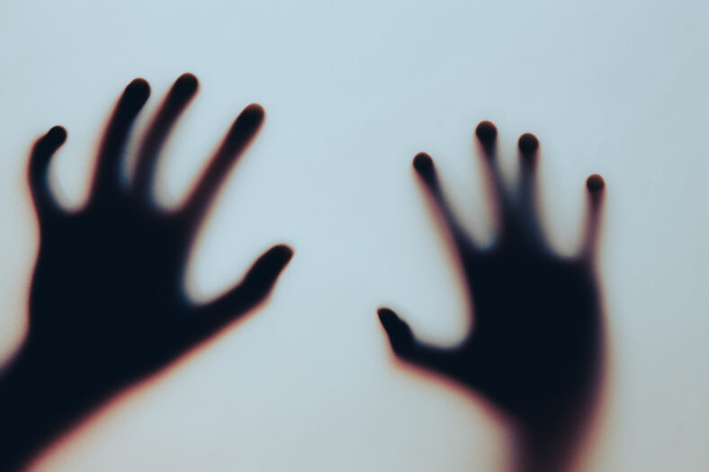 A silhouette of two hands pressed against a translucent surface creates a mysterious and suspenseful atmosphere. The blurred effect adds intrigue and a sense of the unknown, perfect for concepts related to fear, mystery, or artistic expression.