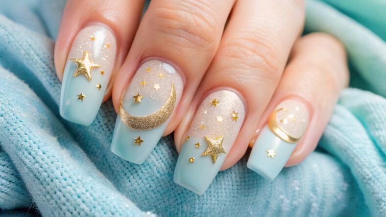 Pastel gradient nail art, Minimalist trendy style Elegant manicure featuring pastel blue nails adorned with stars and moon designs.