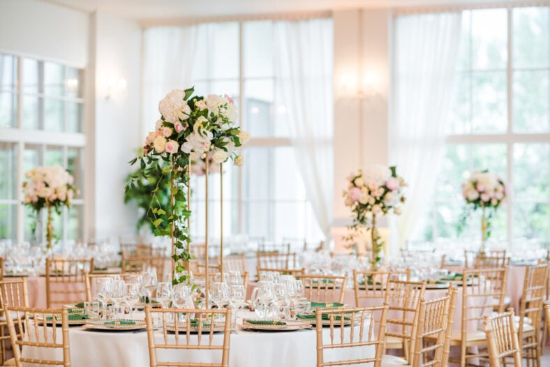 Luxury wedding table decoration. Special event table set up. Fresh flower decoration.