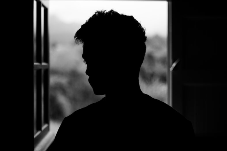 Sad men black silhouette window alone black and white