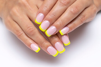 yellow french manicure, sparkles on short square