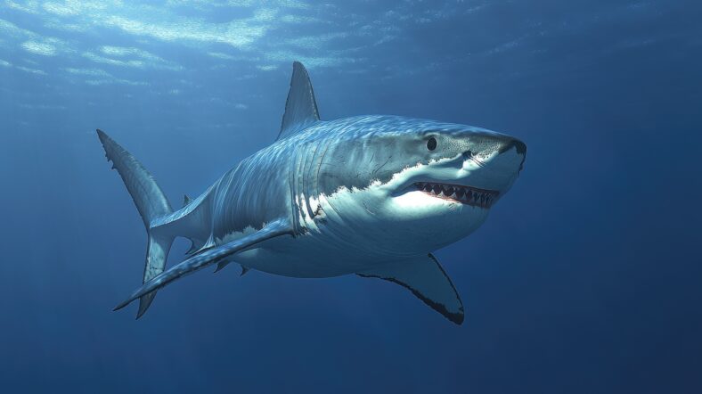 Dangerous Great white shark underwater eating fish