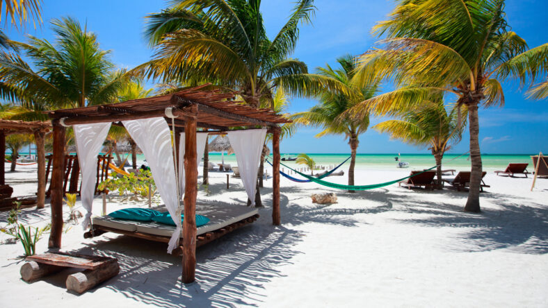Beach beds among palm trees at perfect tropical coast