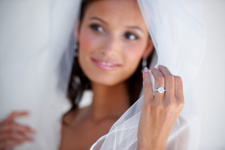 Diamond, wedding ring and hand of bride with jewellery and pride for commitment, celebration or marriage. Bridal, aesthetic and woman closeup with engagement jewelry, fashion and veil fabric.