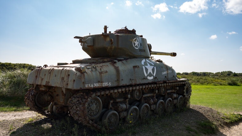 Detail rear side view of an M4 Sherman M4A1(76)W HVSS medium tank with a T23 turret