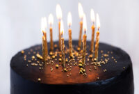 Black round birthday cake with burning golden