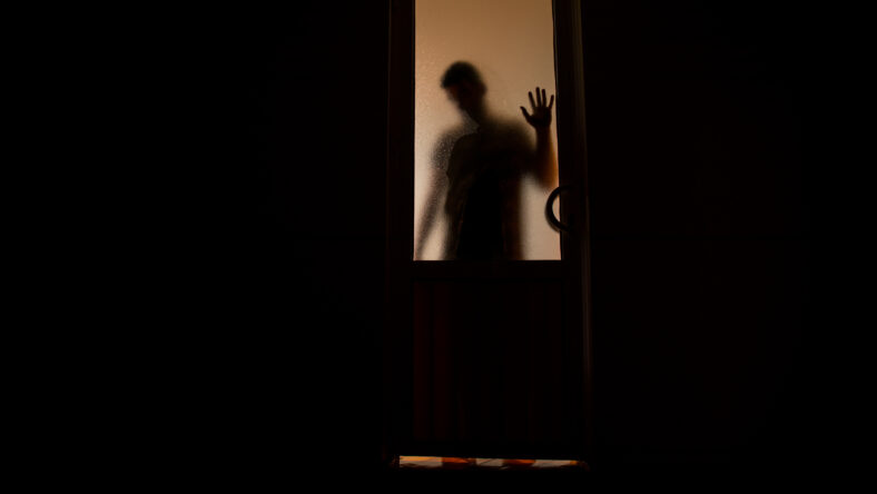 Silhouette of an unknown shadow figure on a door through a closed glass door. The silhouette of a human in front of a window at night. Scary scene halloween concept of blurred silhouette of maniac.