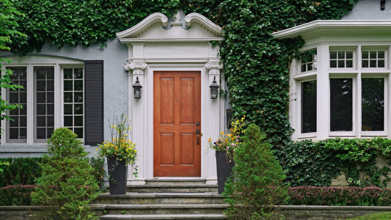 wooden front door of house covered by ivy
