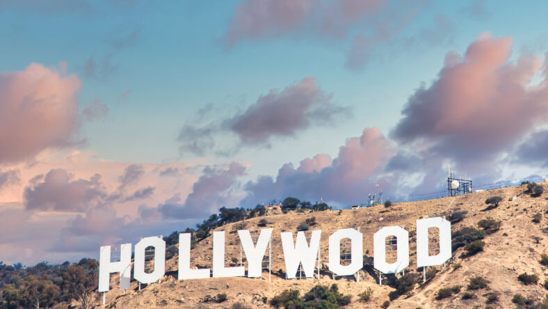 Hollywood sign in Los Angeles on blue sky