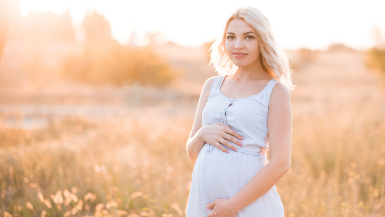 Beautiful blonde pregnant woman 24-26 year old wearing denim dress standing in meadow in sun light outdoors closeup. Looking at camera. Motherhood. Maternity. Healthy lifestyle.