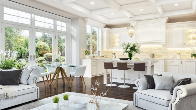 Luxurious white kitchen and living room in a big house