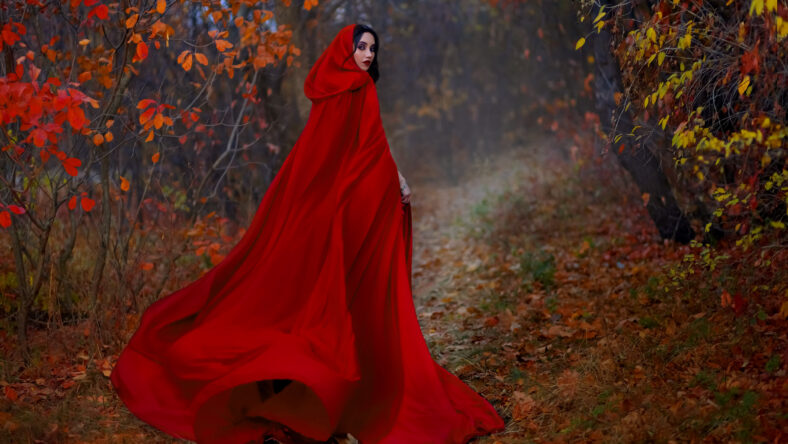 Art gothic fantasy woman like red riding hood walks in dark autumn forest. long silk cloak flutters, waving fly in wind fabric in motion. Girl princess looks back. Fallen orange leaves dark trees path