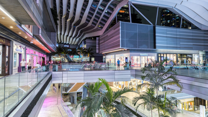 Miami, United States - November 3, 2025: Miami Brickell City Centre modern shopping mall at night in Miami, USA.