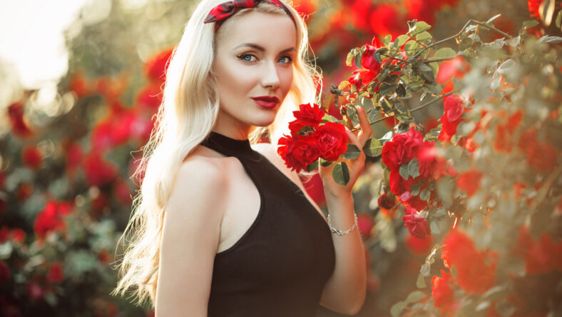 Beautiful smiling blonde woman in bush of red roses is wearing black fashion dress, summer time