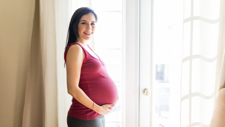 Portrait of mid adult pregnant woman touching belly with affection at home