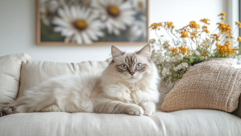 Cat relaxing on sofa. Cozy home living room in beige colours. Scandinlavic style interior. Pet portrait for poster and lifestyle design.
