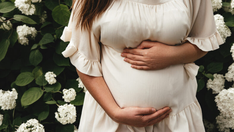 A pregnant woman in a white dress strokes, hugs, holds her hands on her stomach, against the background of green grass and hydrangea flowers