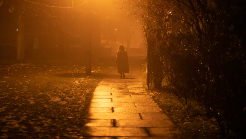 woman silhouette in night foggy city