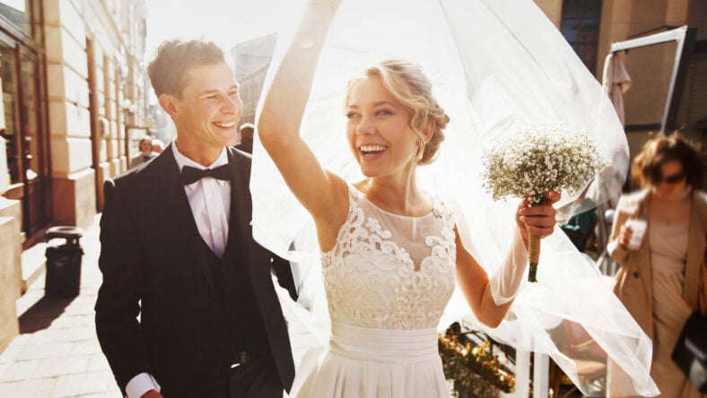 caucasian happy romantic young couple celebrating their
