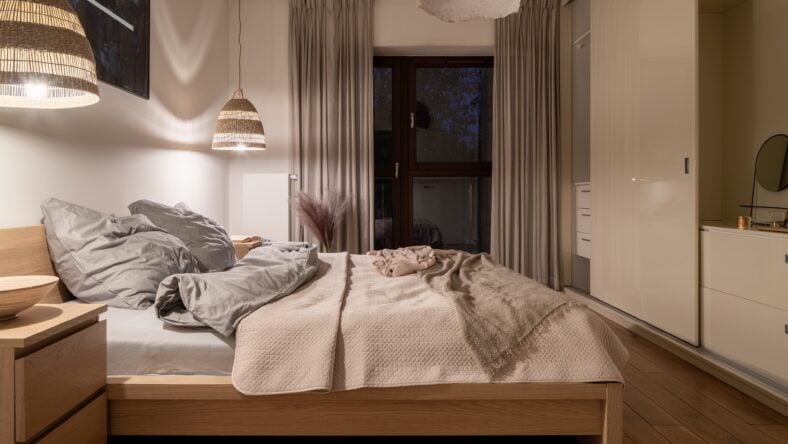 Night in elegant and comfortable bedroom with