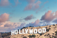 Hollywood sign in Los Angeles on blue