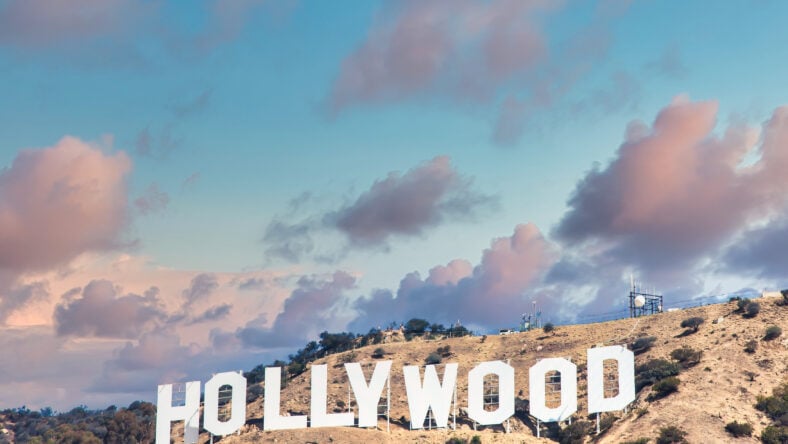 Hollywood sign in Los Angeles on blue