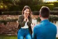 Love, surprise and engagement with couple in