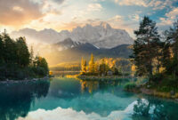 Painterly lake scenery in Germany with mountains