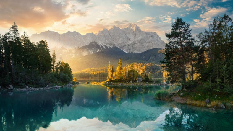 Painterly lake scenery in Germany with mountains
