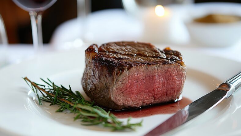 Grilled beef steak paired with red wine,