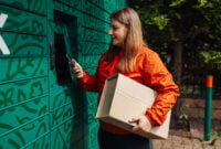 Caucasian woman picks up parcel from automatic