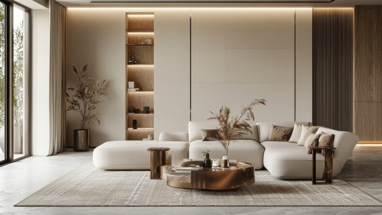 A modern living room featuring stylish white sectional sofa, elegant decor, and warm lighting, creating cozy and inviting atmosphere
