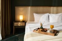 Cozy hotel room showcased with breakfast tray