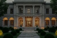 Facade of grand mansion shows architectural details.