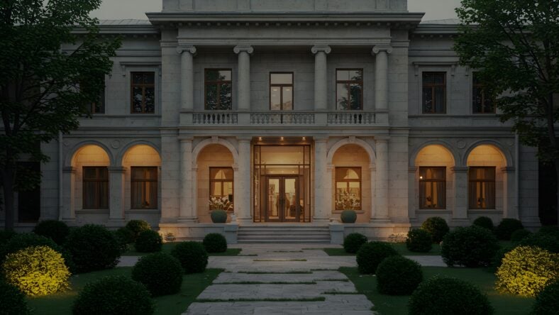 Facade of grand mansion shows architectural details. Concept: Wealth, luxury real estate. Ideal for marketing, editorial, or design.