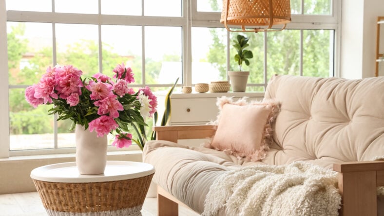 Cozy sofa and coffee table with peonies in interior of living room