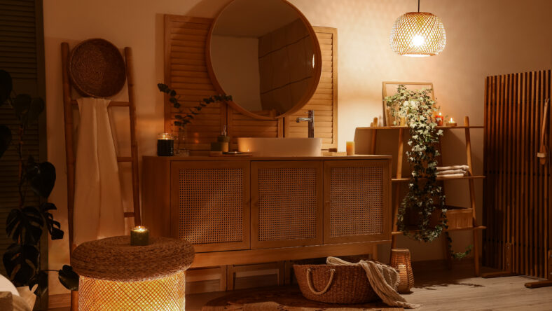 Interior of bathroom with sink, ladder and glowing lamps at night