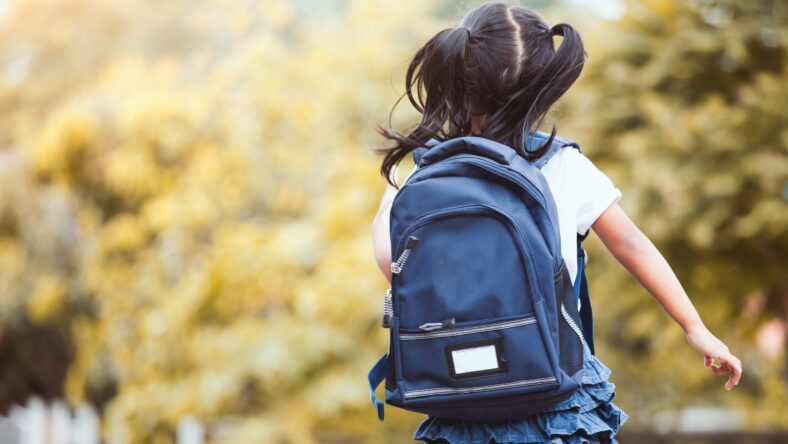 Back to school. Cute asian child girl