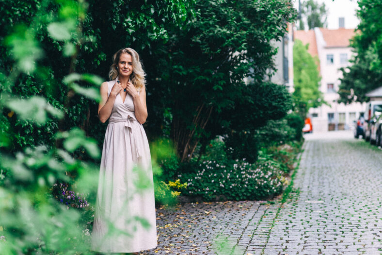 A blonde girl of European appearance in