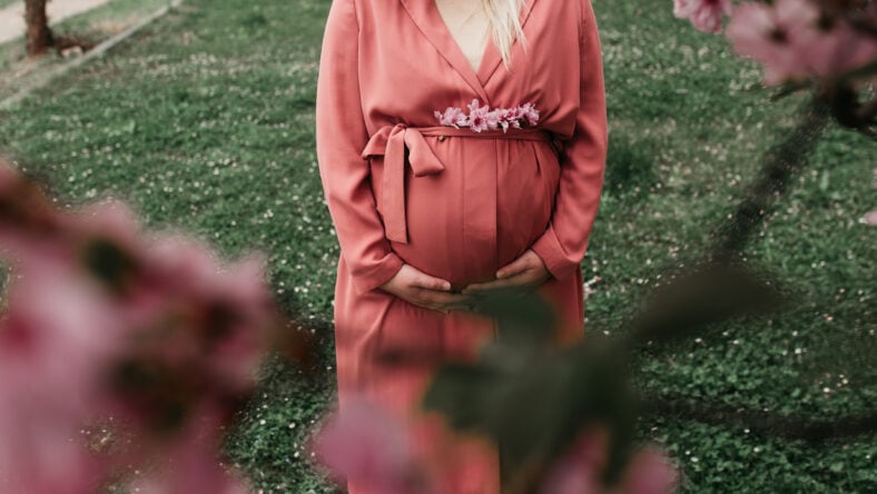 Beautiful pregnant women in pink outfit photographed