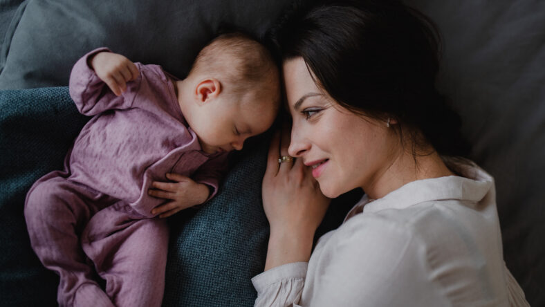 A top view of happy young mother